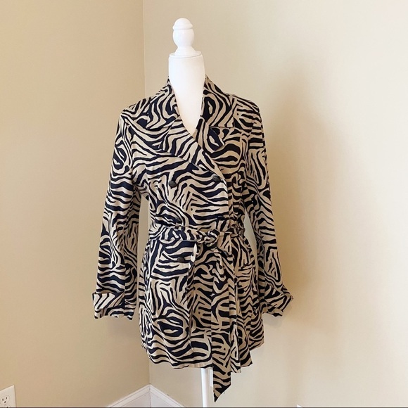 Dana Buchman Double Breasted Animal Print Tan Black Trench Coat - M - Picture 16 of 16